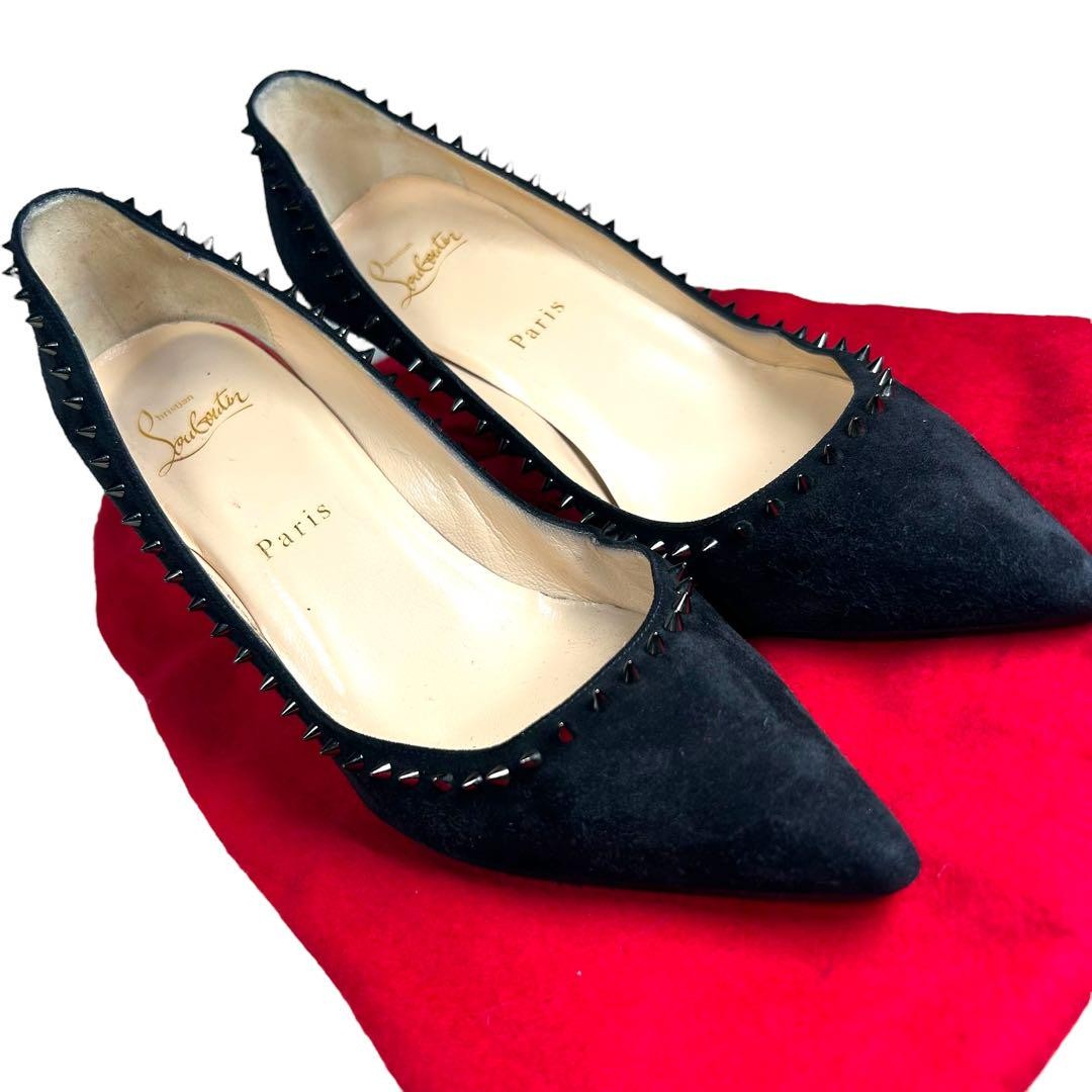 Christian Louboutin Shoes Pumps Heel Studs EU 37.5 US 7.5 Suede Leather Black