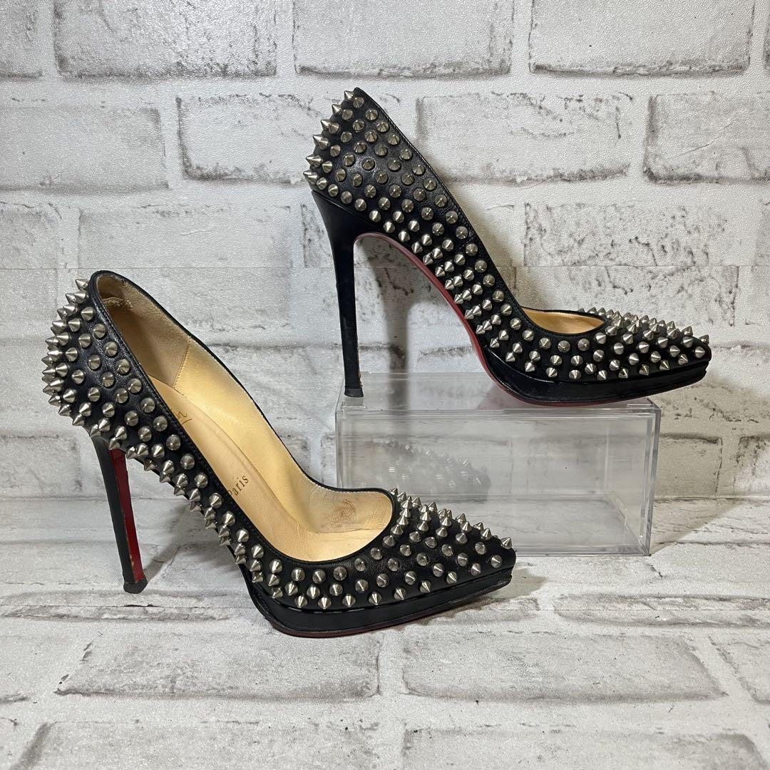 Christian Louboutin Shoes Pumps Heel Studs EU 38 US 8 Leather Black Auth