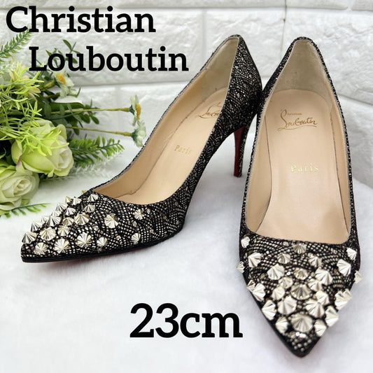 Christian Louboutin Shoes Pumps Heel Studs EU 36 US 6 Black Gold Auth