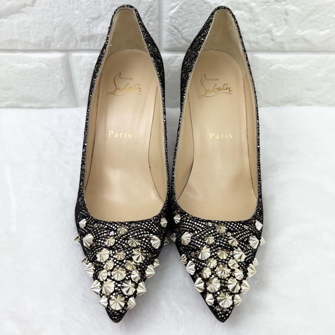 Christian Louboutin Shoes Pumps Heel Studs EU 36 US 6 Black Gold Auth