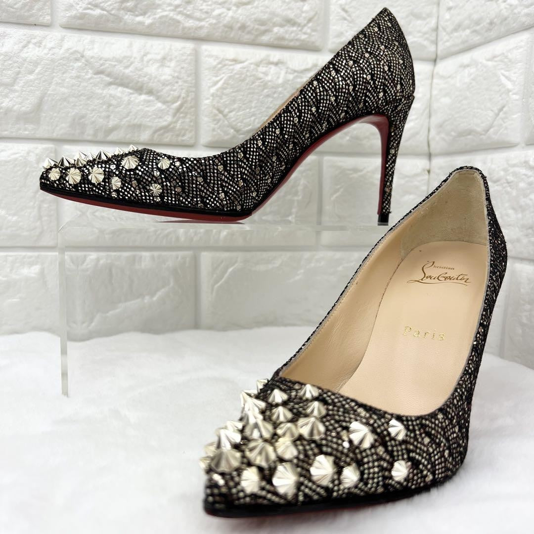 Christian Louboutin Shoes Pumps Heel Studs EU 36 US 6 Black Gold Auth
