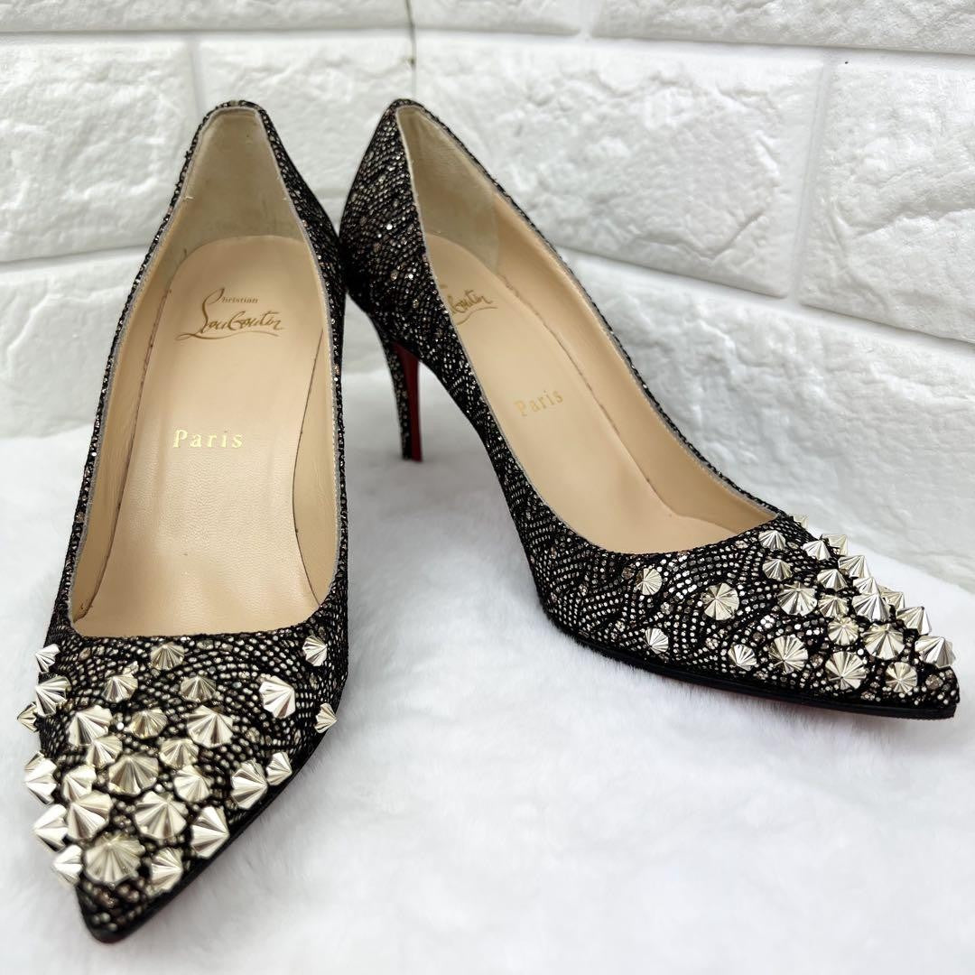 Christian Louboutin Shoes Pumps Heel Studs EU 36 US 6 Black Gold Auth