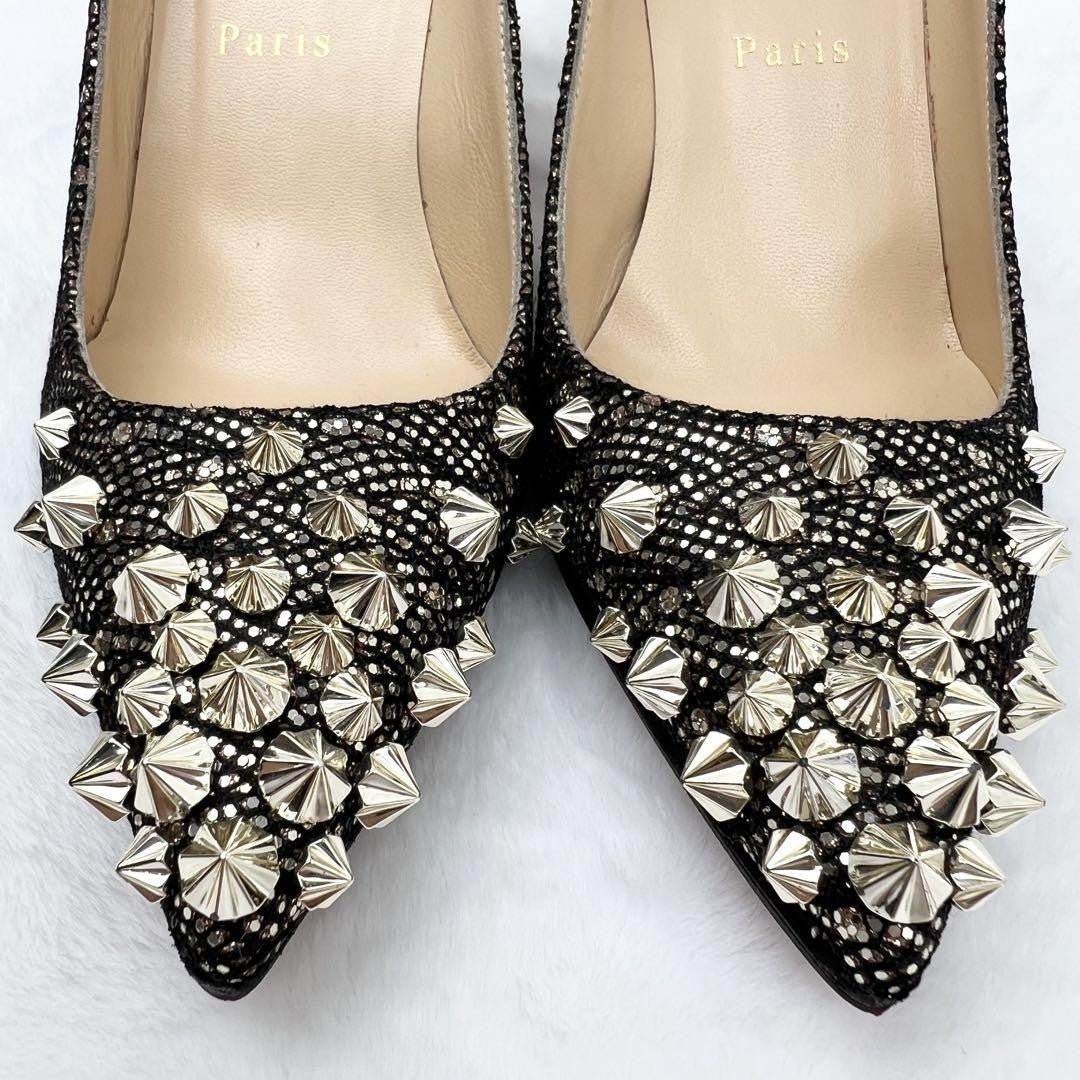 Christian Louboutin Shoes Pumps Heel Studs EU 36 US 6 Black Gold Auth