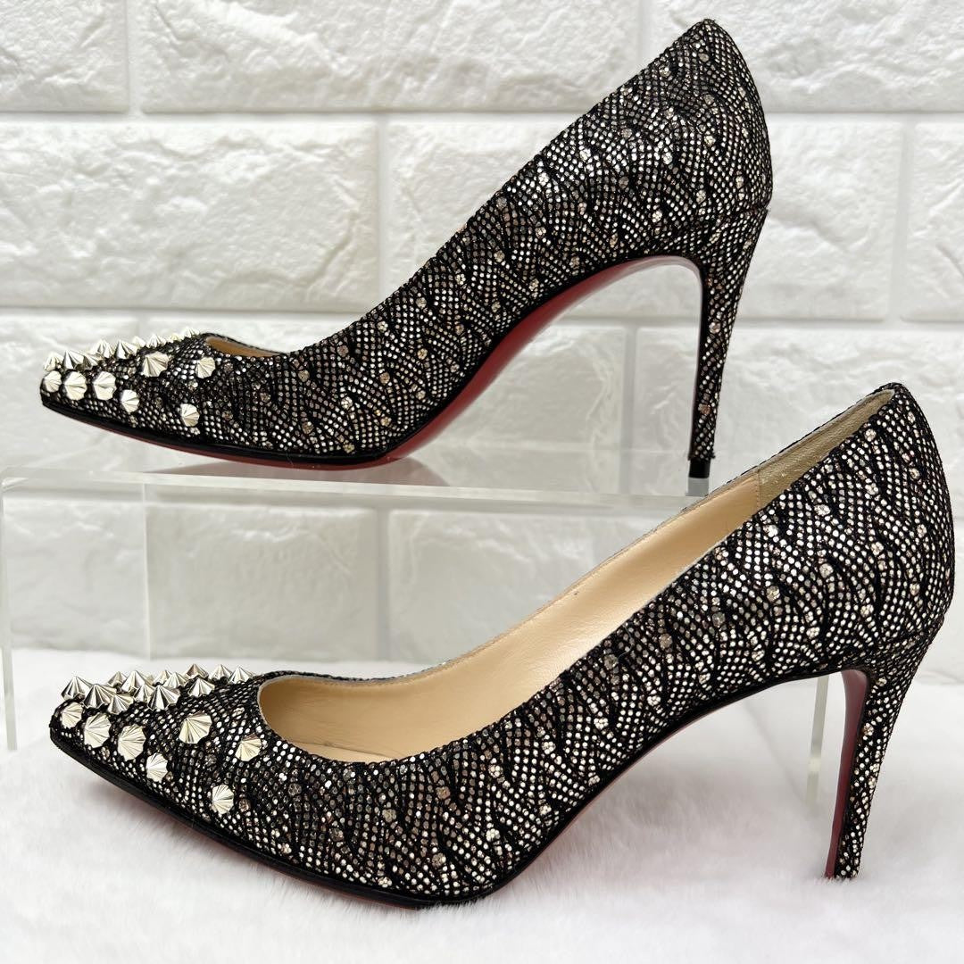 Christian Louboutin Shoes Pumps Heel Studs EU 36 US 6 Black Gold Auth