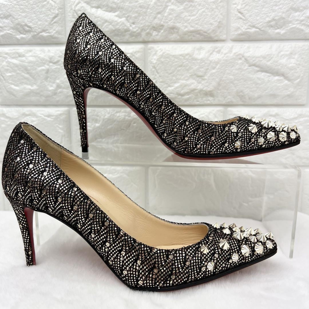 Christian Louboutin Shoes Pumps Heel Studs EU 36 US 6 Black Gold Auth