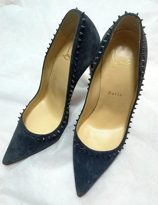 Christian Louboutin Shoes Pumps Heel Studs EU 37 US 7 Suede Dark Gray Auth
