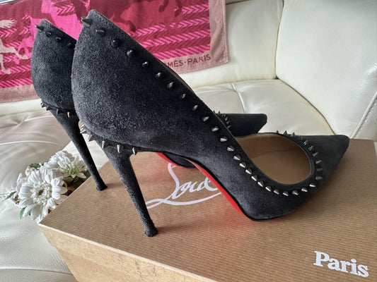 Christian Louboutin Shoes Pumps Heel Studs EU 38.5 US 8.5 Black Gray Auth