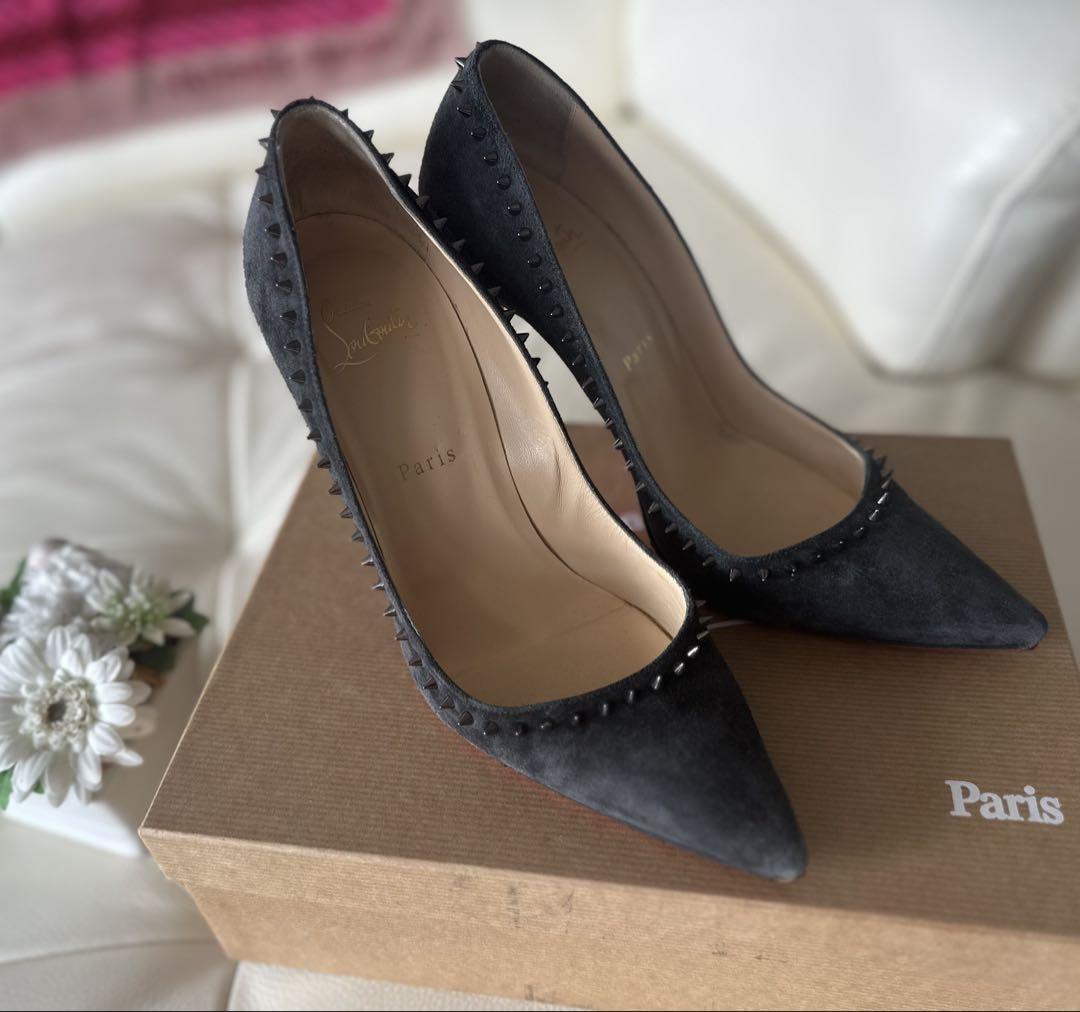 Christian Louboutin Shoes Pumps Heel Studs EU 38.5 US 8.5 Black Gray Auth