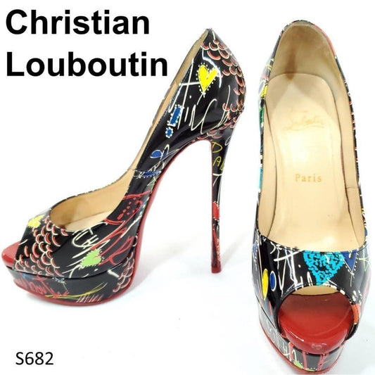 Christian Louboutin Shoes Pumps Heel EU 38 US 8 Black Multicolor Auth