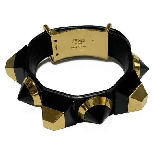 FENDI Bracelet Bangle Leather Gold Black Authentic