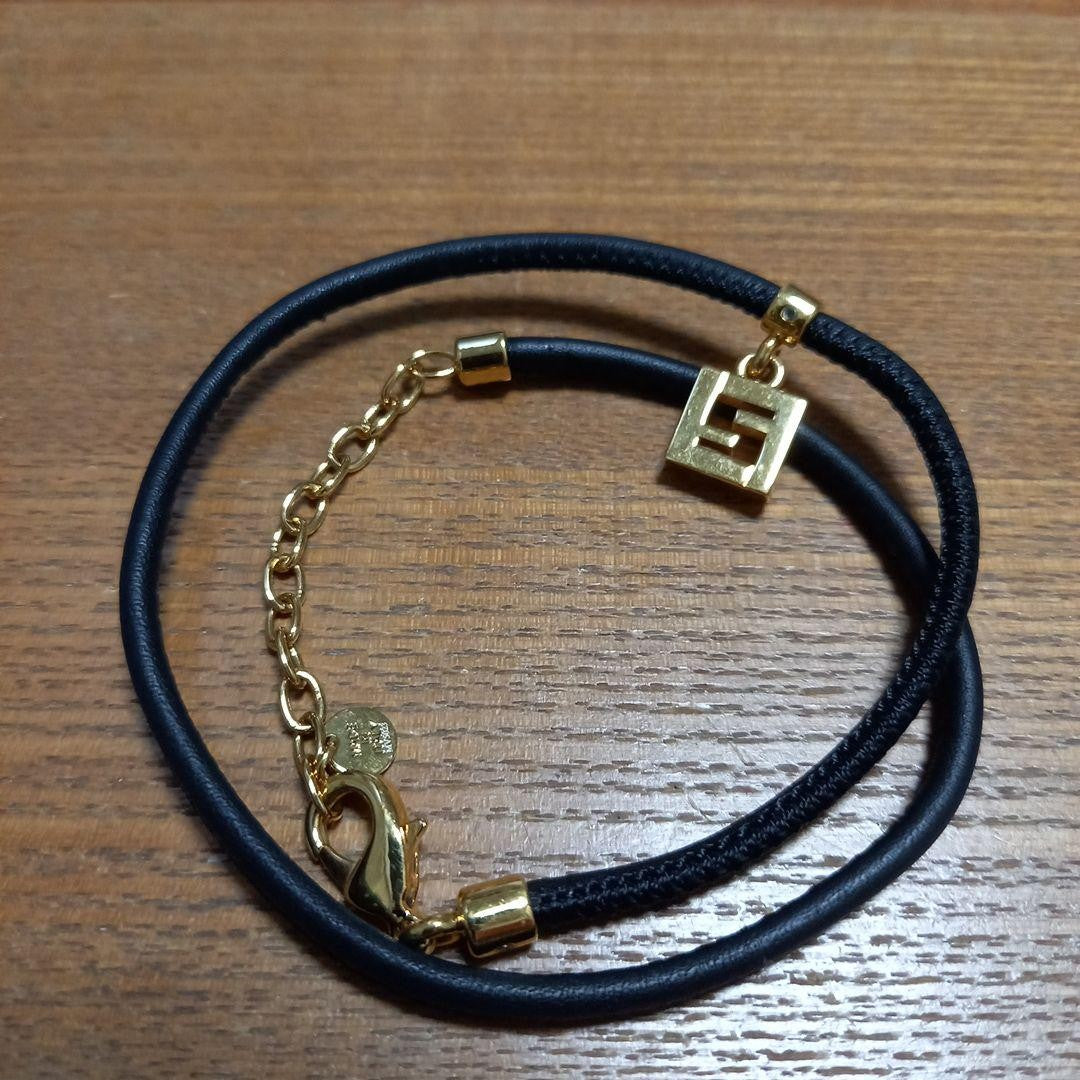FENDI FOREVER Bracelet Bangle FF Logo Leather Black Authentic