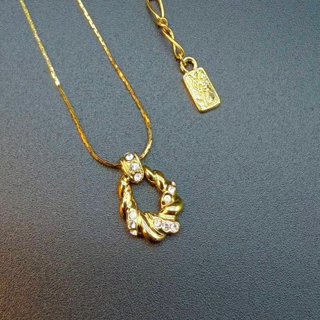 Saint Laurent Necklace Pendant YSL Cassandra Metal Rhinestone Gold Authentic