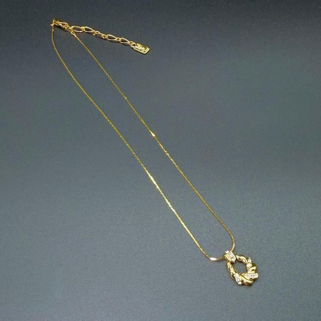Saint Laurent Necklace Pendant YSL Cassandra Metal Rhinestone Gold Authentic