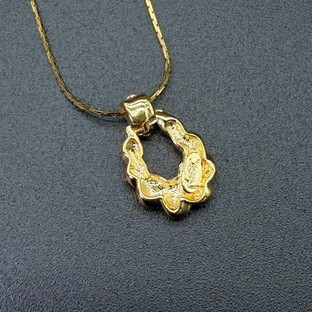 Saint Laurent Necklace Pendant YSL Cassandra Metal Rhinestone Gold Authentic