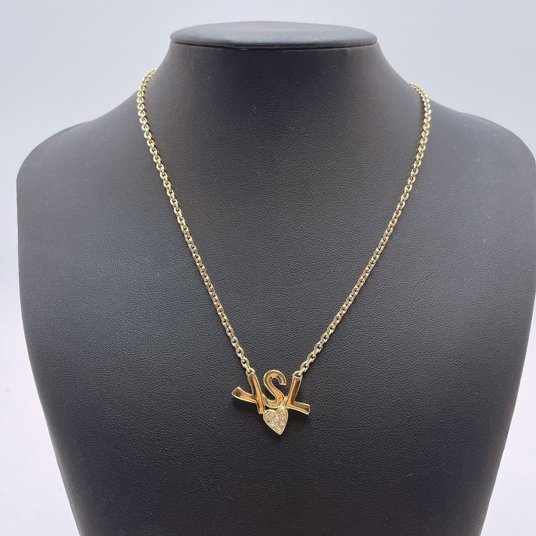 Saint Laurent Necklace Pendant YSL Logo Rhinestone Gold Authentic