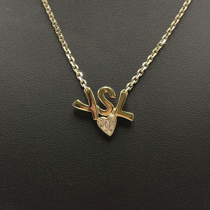 Saint Laurent Necklace Pendant YSL Logo Rhinestone Gold Authentic