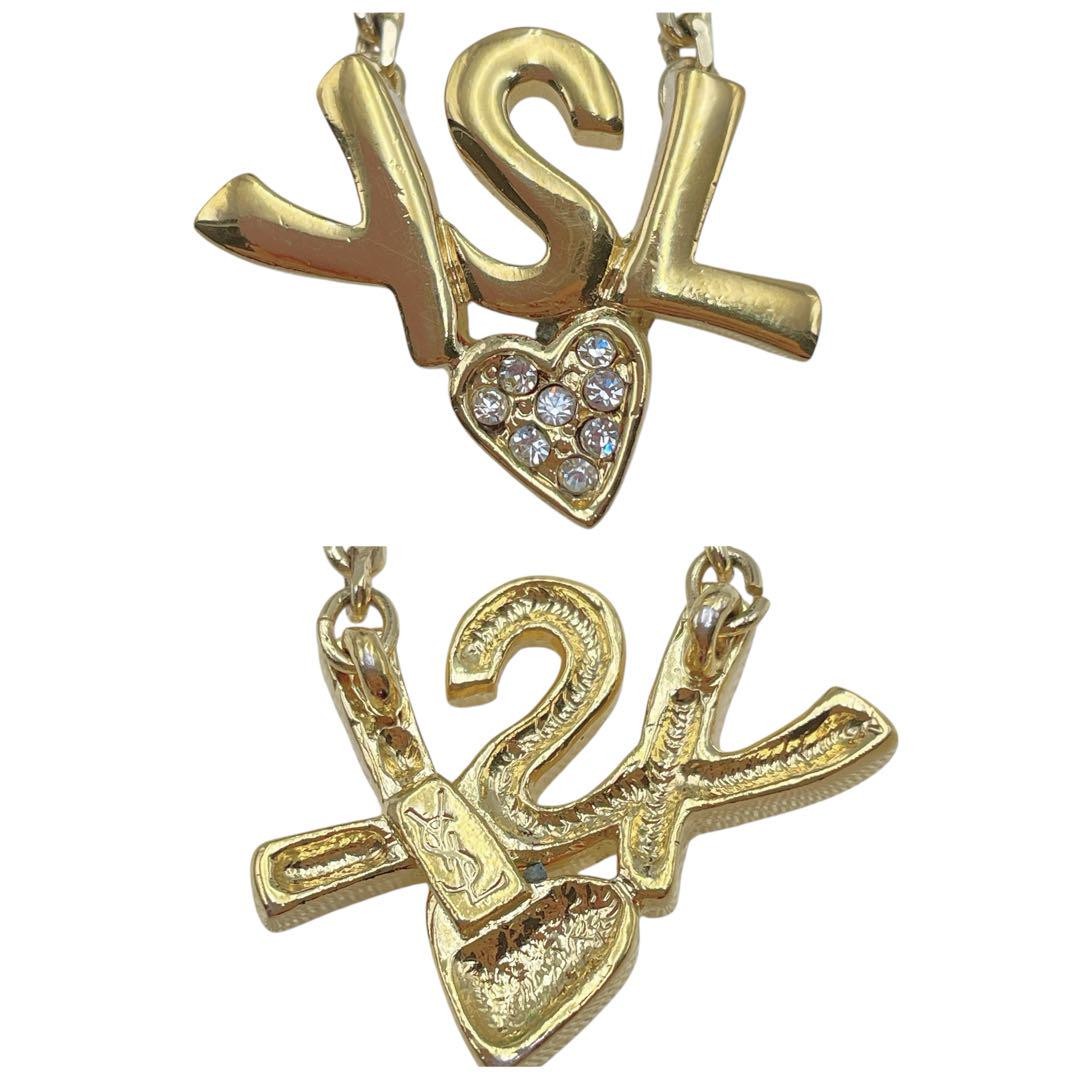 Saint Laurent Necklace Pendant YSL Logo Rhinestone Gold Authentic