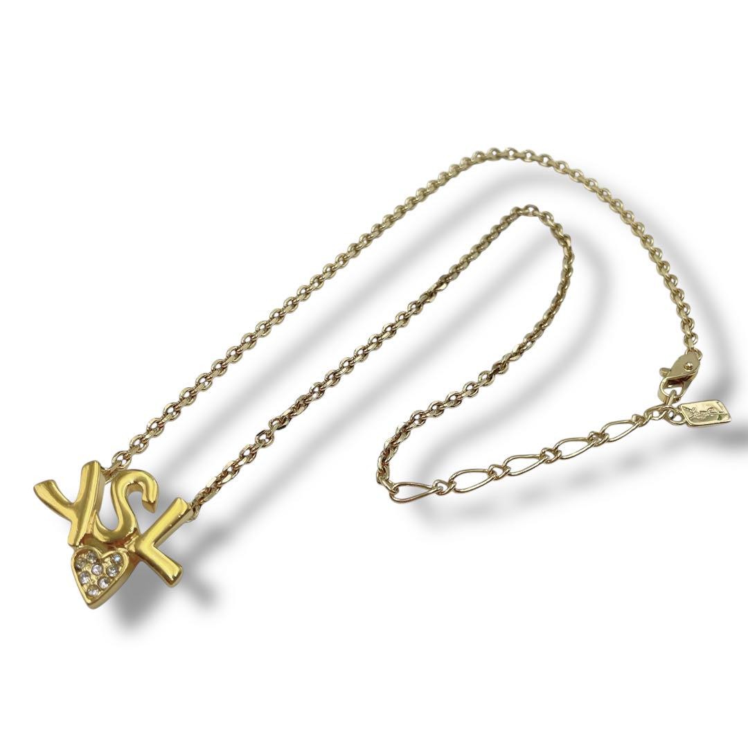 Saint Laurent Necklace Pendant YSL Logo Rhinestone Gold Authentic