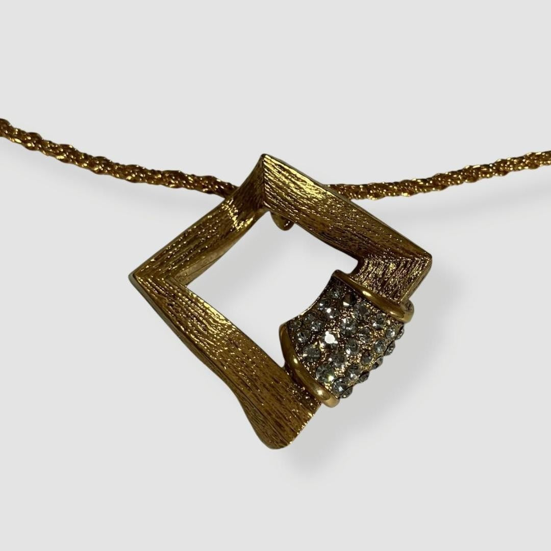Saint Laurent Necklace Pendant YSL Cassandra Rhinestone Gold Authentic