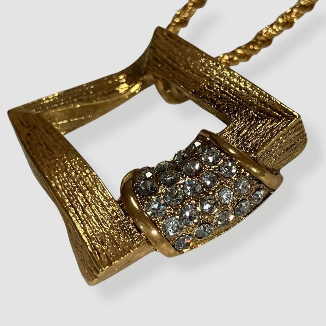 Saint Laurent Necklace Pendant YSL Cassandra Rhinestone Gold Authentic
