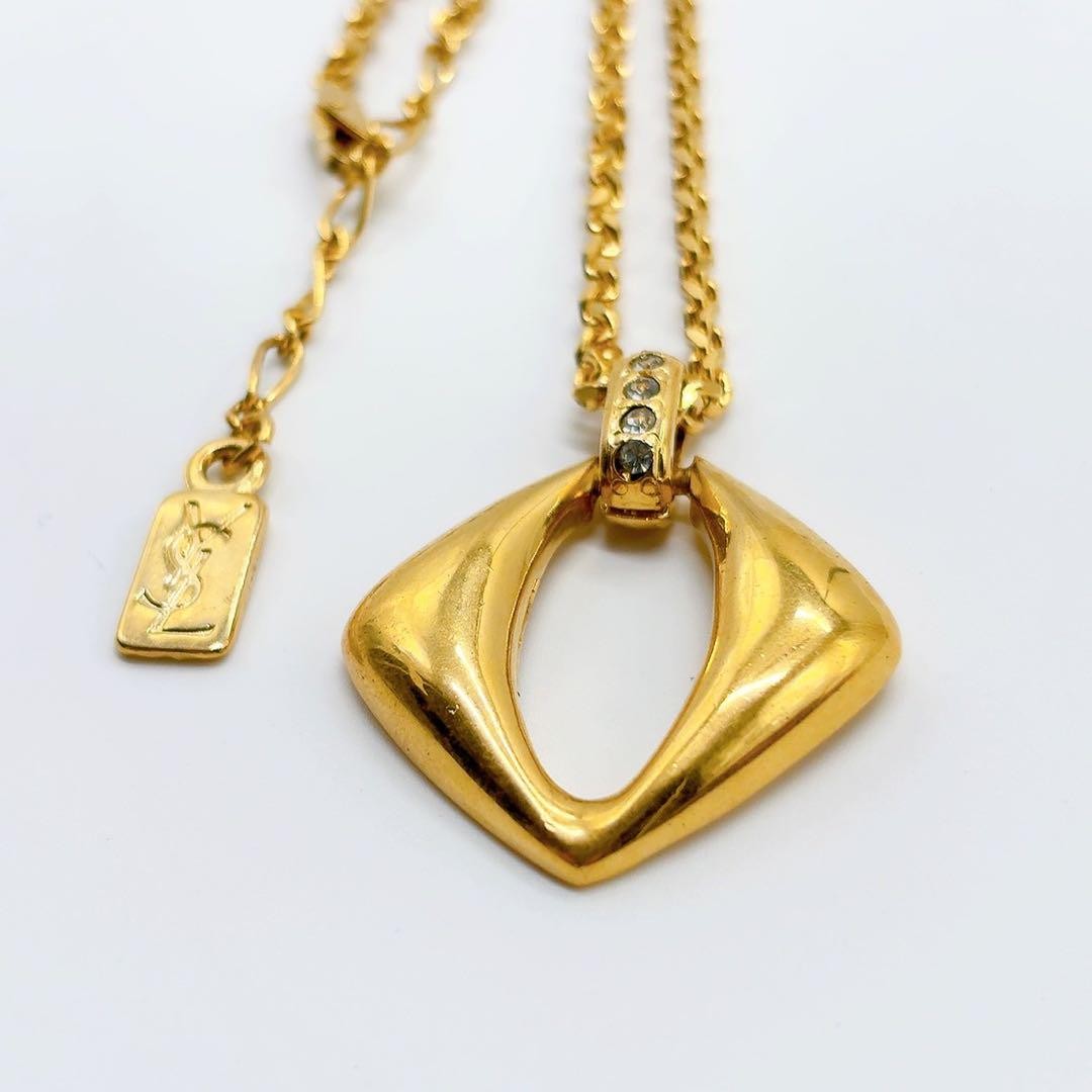 Saint Laurent Necklace Pendant YSL Cassandra Rhinestone Gold Authentic