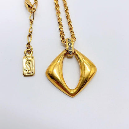 Saint Laurent Necklace Pendant YSL Cassandra Rhinestone Gold Authentic