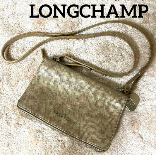 Longchamp Shoulder Bag Purse Leather Gold Beige Authentic