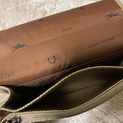 Longchamp Shoulder Bag Purse Leather Gold Beige Authentic