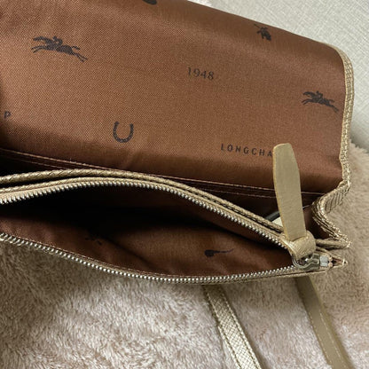 Longchamp Shoulder Bag Purse Leather Gold Beige Authentic