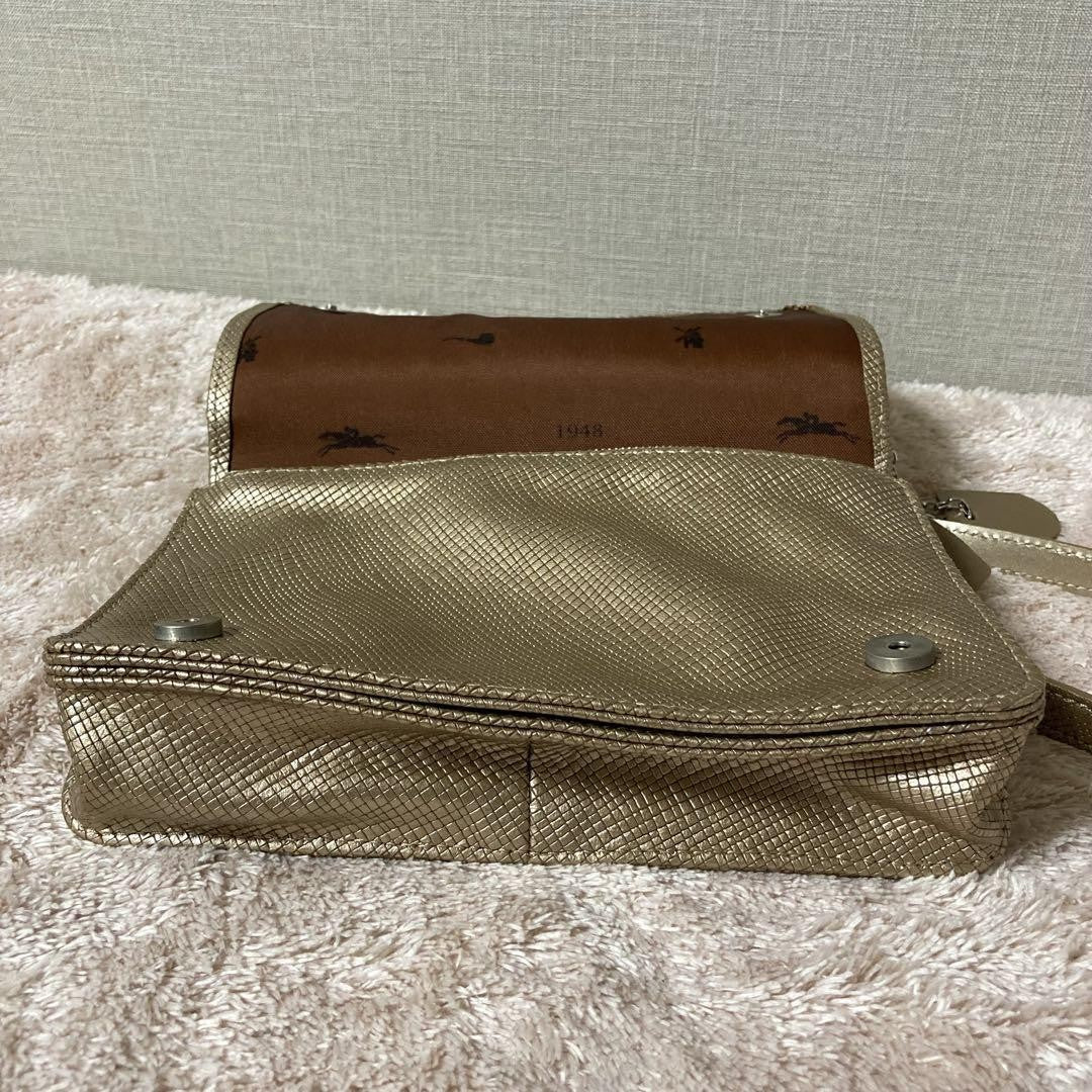 Longchamp Shoulder Bag Purse Leather Gold Beige Authentic