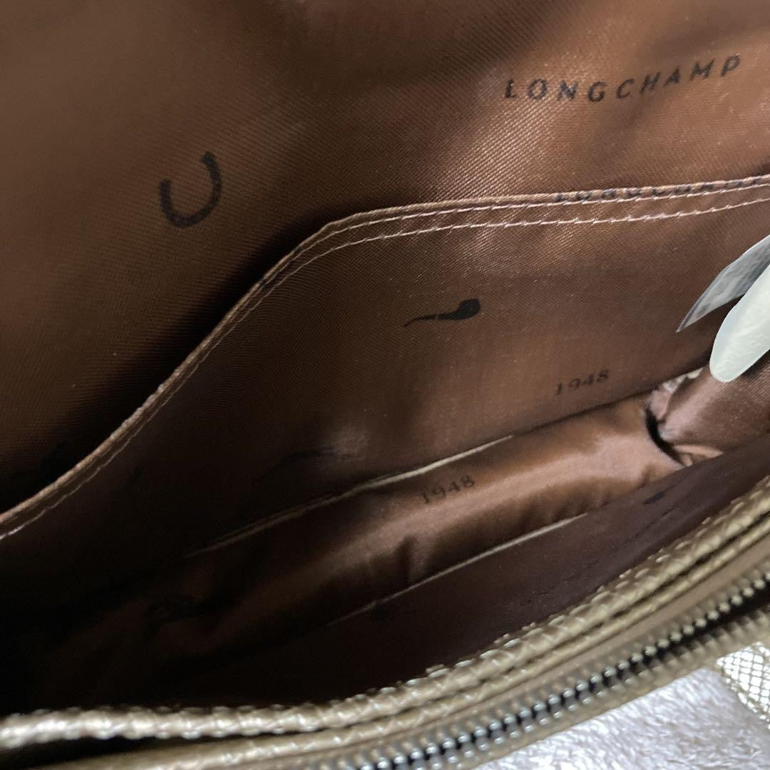 Longchamp Shoulder Bag Purse Leather Gold Beige Authentic