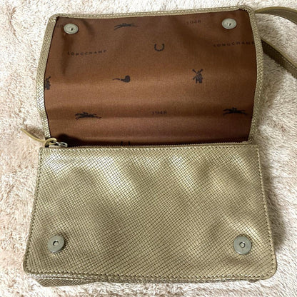 Longchamp Shoulder Bag Purse Leather Gold Beige Authentic