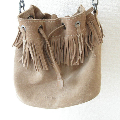 Longchamp Shoulder Bag Purse Suede Brown Beige Authentic