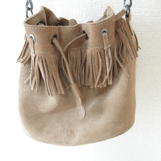 Longchamp Shoulder Bag Purse Suede Brown Beige Authentic