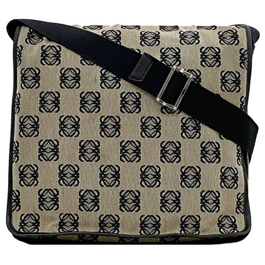LOEWE Shoulder Bag Purse Messenger Bag Anagram Canavs Leather Beige Black Auth