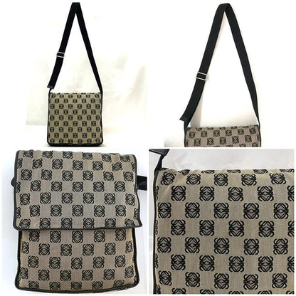 LOEWE Shoulder Bag Purse Messenger Bag Anagram Canavs Leather Beige Black Auth
