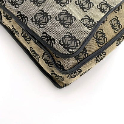 LOEWE Shoulder Bag Purse Messenger Bag Anagram Canavs Leather Beige Black Auth
