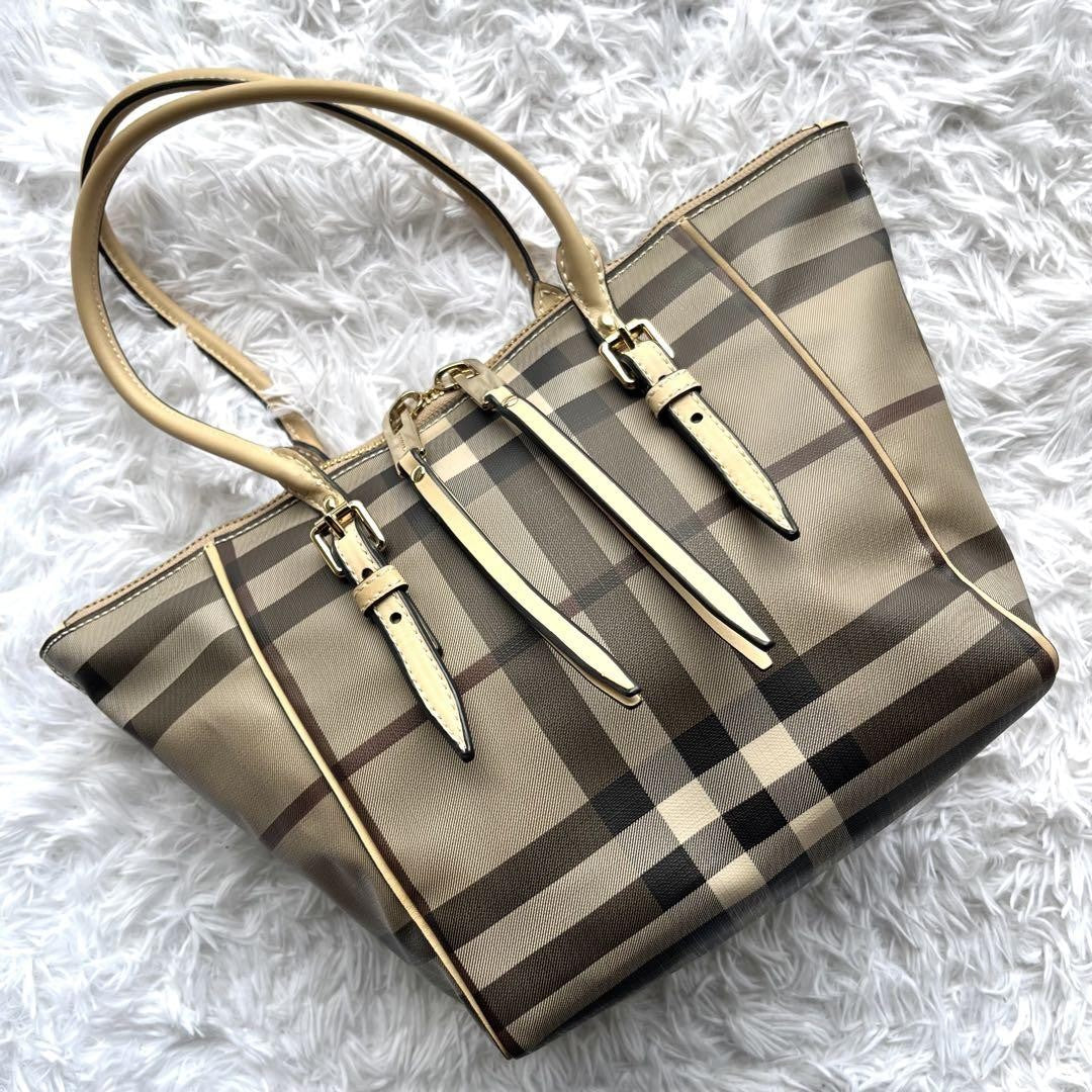 BURBERRY Hand Bag Tote Purse Nova Check PVC Leather Beige Authentic
