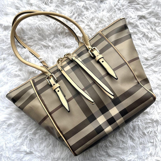 BURBERRY Hand Bag Tote Purse Nova Check PVC Leather Beige Authentic