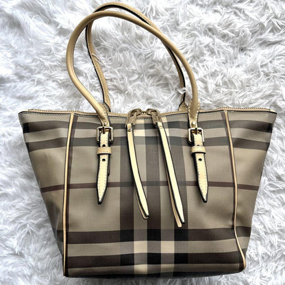 BURBERRY Hand Bag Tote Purse Nova Check PVC Leather Beige Authentic