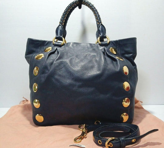 MIU MIU Hand Shoulder Bag Tote Purse 2way Logo Navy Gold Authentic