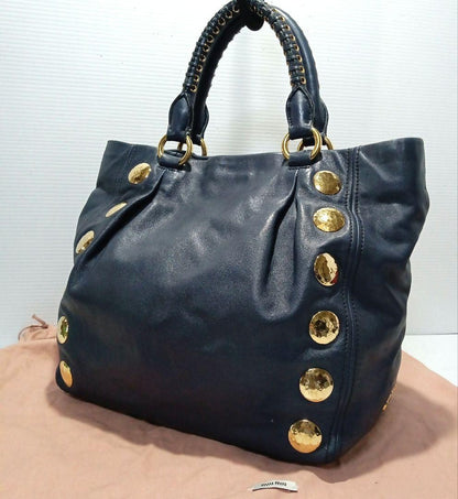 MIU MIU Hand Shoulder Bag Tote Purse 2way Logo Navy Gold Authentic