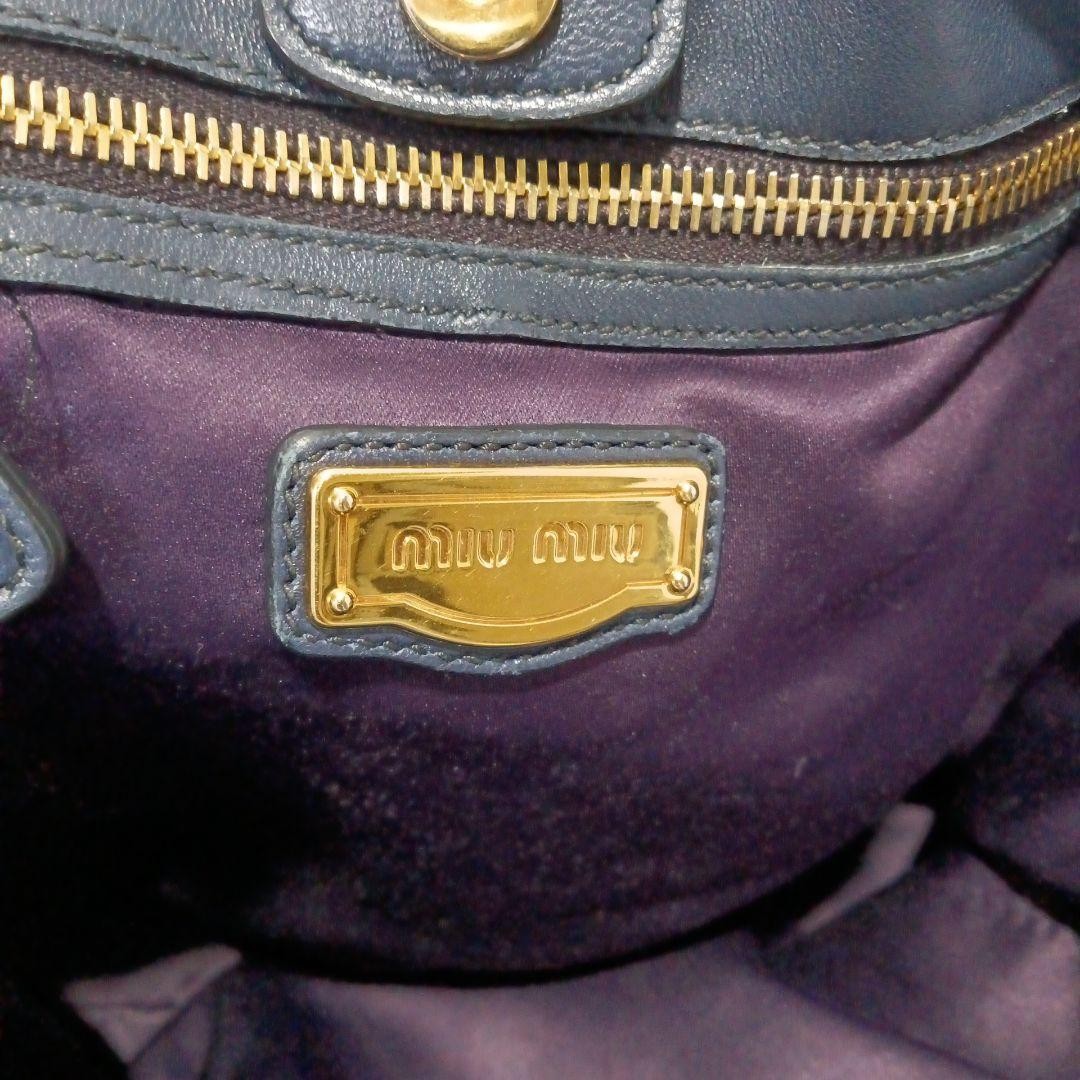 MIU MIU Hand Shoulder Bag Tote Purse 2way Logo Navy Gold Authentic