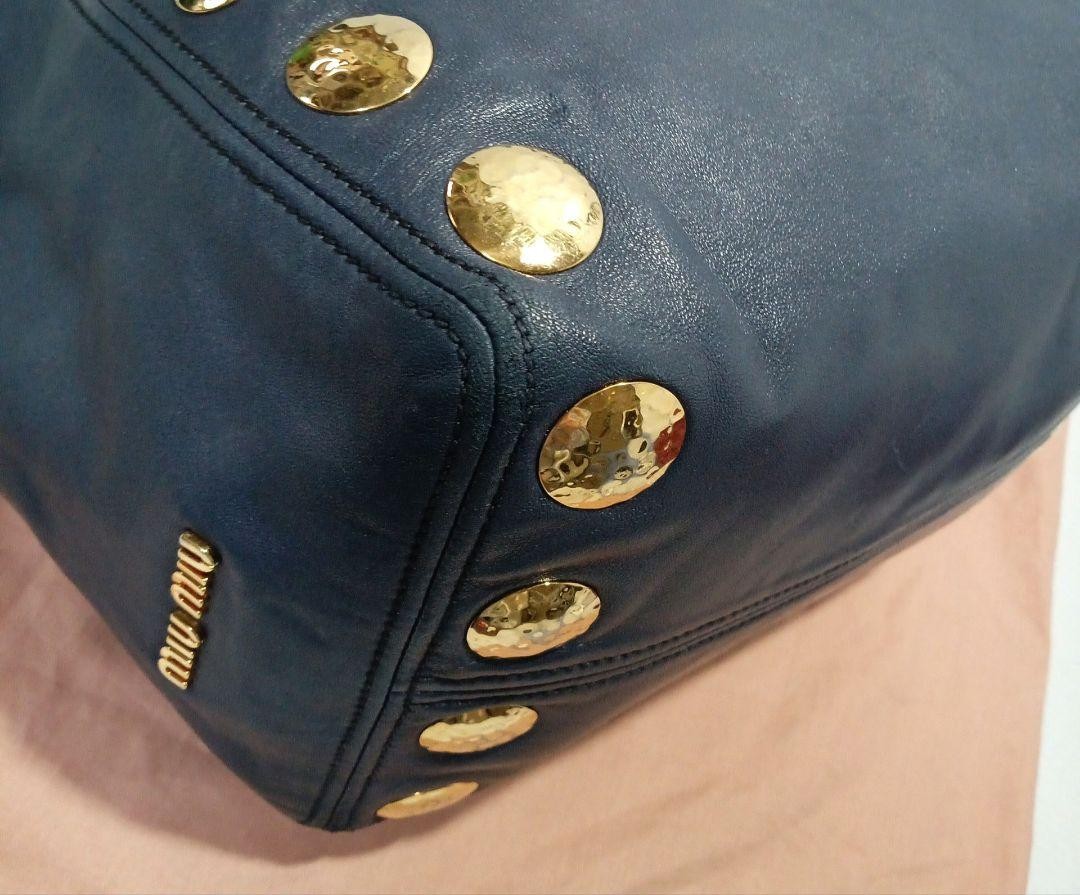 MIU MIU Hand Shoulder Bag Tote Purse 2way Logo Navy Gold Authentic