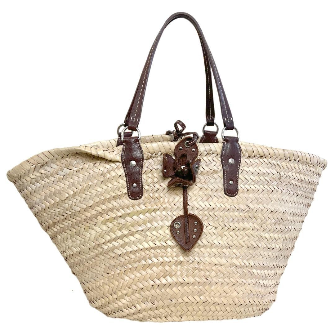 MIU MIU Hand Bag Tote Purse Basket Bag Raffia Leather Beige Brown Authentic