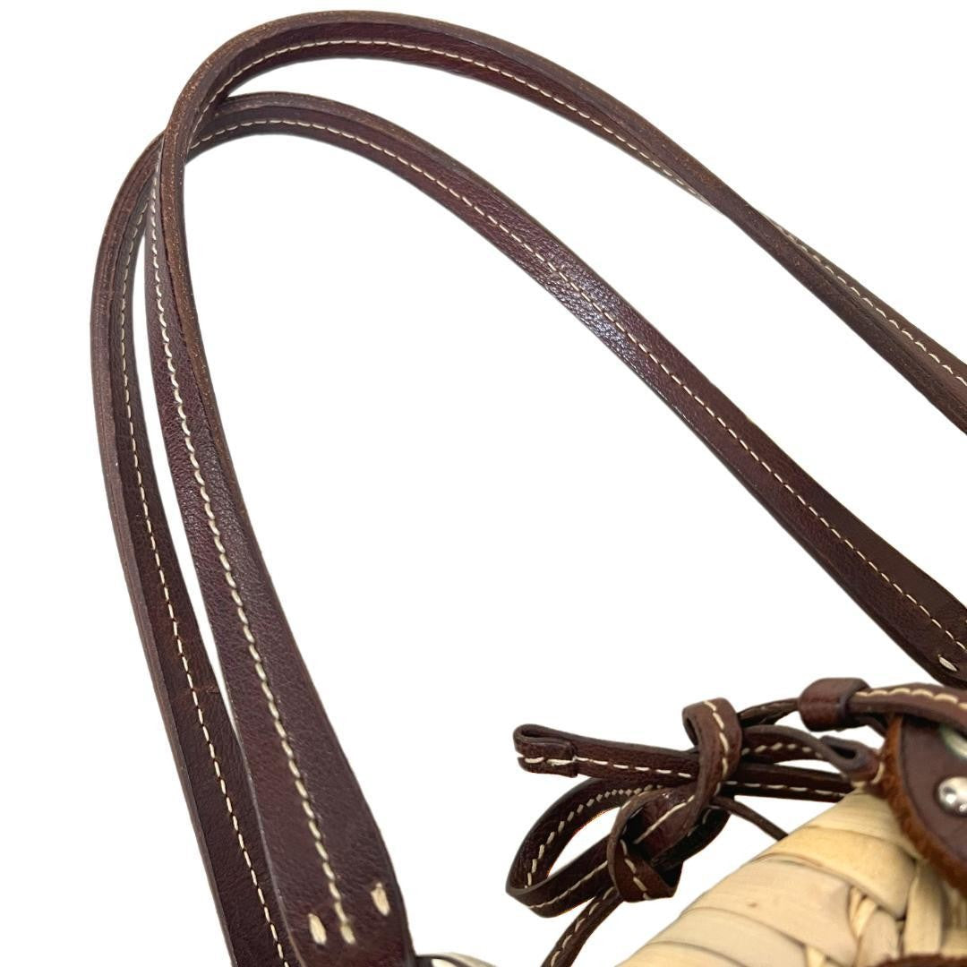MIU MIU Hand Bag Tote Purse Basket Bag Raffia Leather Beige Brown Authentic
