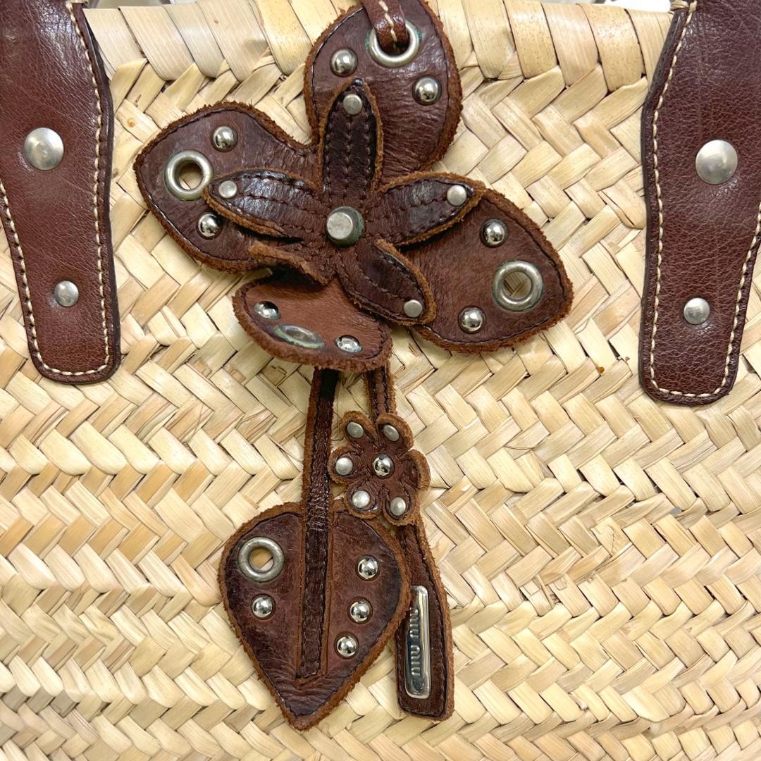 MIU MIU Hand Bag Tote Purse Basket Bag Raffia Leather Beige Brown Authentic