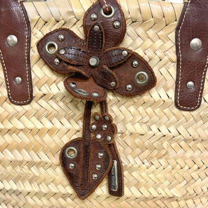MIU MIU Hand Bag Tote Purse Basket Bag Raffia Leather Beige Brown Authentic