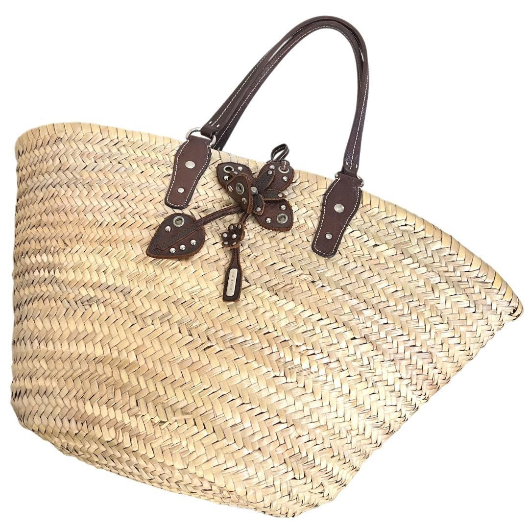MIU MIU Hand Bag Tote Purse Basket Bag Raffia Leather Beige Brown Authentic