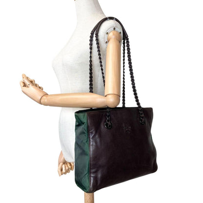 PRADA Hand Bag Tote Purse Chain Leather Khaki Brown Authentic